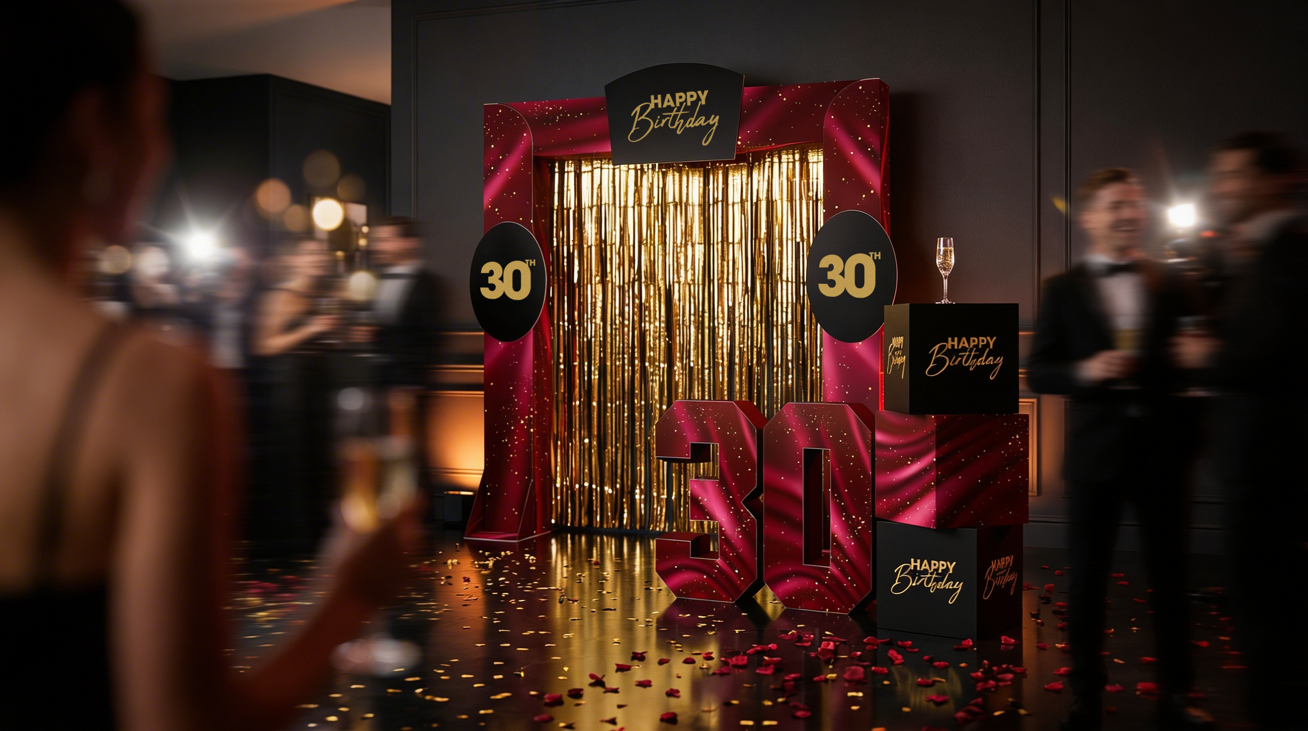 Decorative birthday setup with 'Happy Birthday' and number '30' in a glamorous setting.