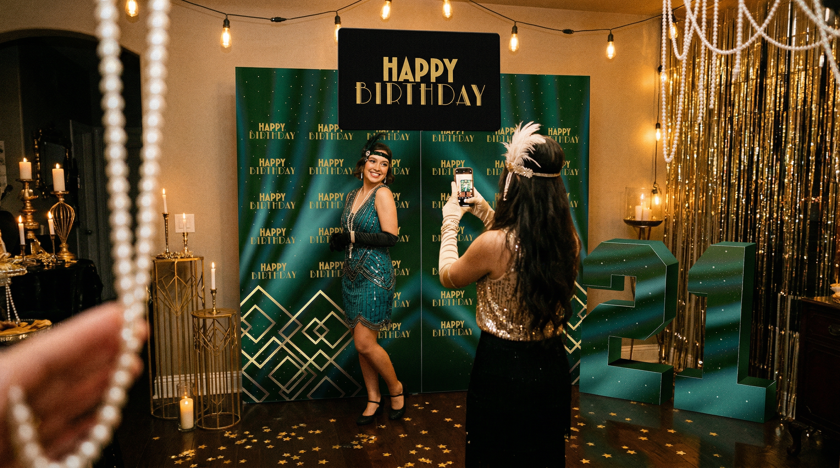 Woman in a green dress posing in front of a 'Happy Birthday' backdrop with a friend taking a photo.